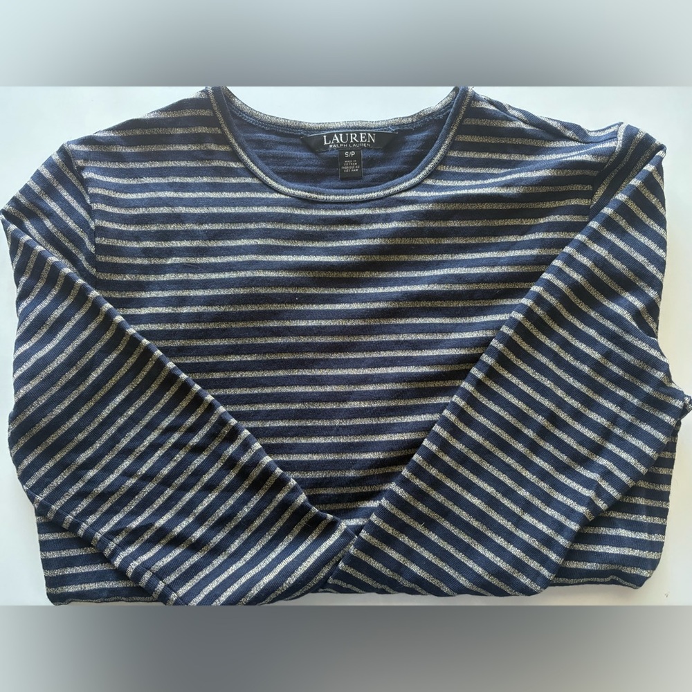 Lauren Ralph Lauren midnight navy gold metallic stripe long sleeve T shirt small
